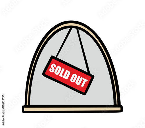 Cartoon window of the ticket office at the train station, cinema or theater. Vector illustration of sign and  inscription. All tickets are sold out. Isolated doodle object on white background.