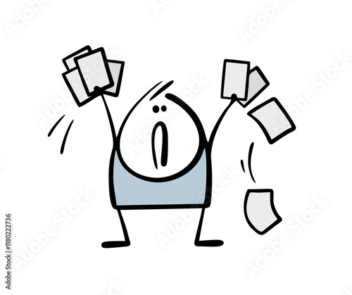 Unfortunate stickman raised his hands up and scattered many documents. Vector illustration of  man and a lot of paper, couldn't do the job, tired. Employee in the company. Isolated character.