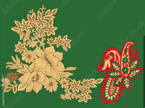 A seamless textile design inspired by traditional Indian block prints, featuring floral and geometric patterns for handcrafted wallpapers and ornate gift wraps.