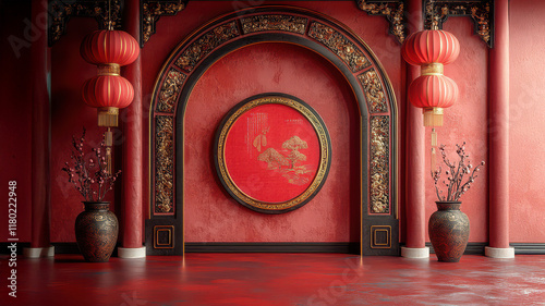 red podium for celebrate new year, asian traditional architecture in red tone. gold oriental ornaments, red lanterns, copy space for text. photo