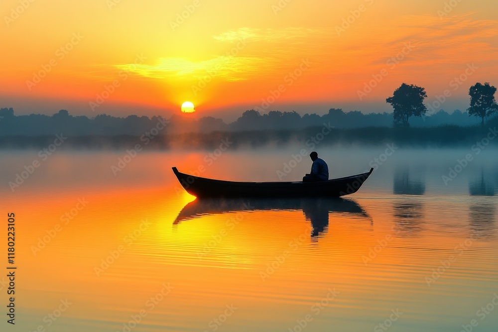 Silhouetted figure in a boat during a serene sunrise on a calm lake Silhouetted figure in a boat during a serene sunrise on a calm lake