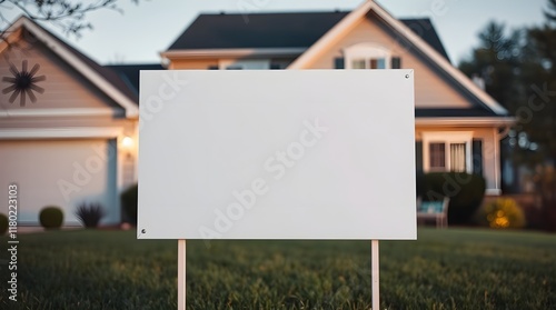 stock photo, soft pastel colors A blank yard sign in front of a suburban home. Artistic lighting, abstract patterns. Gentle, soothing, graceful, elegant, refined. 