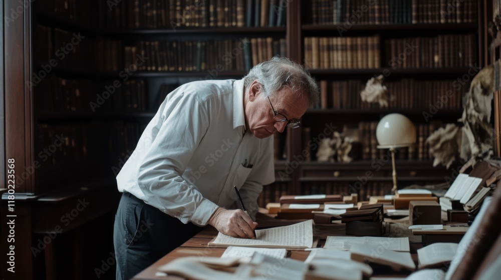 A scholar writes intently in a library amidst towering bookshelves, lost in the pursuit of knowledge and intellectual immersion. A scholar writes intently in a library amidst towering bookshelves, lost in the pursuit of knowledge and intellectual immersion.