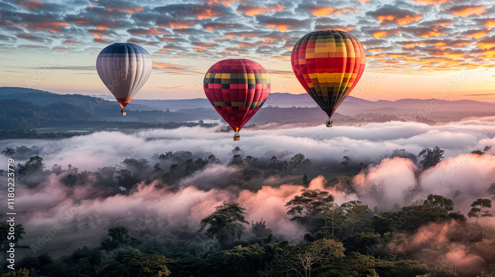 Obraz premium Group of hot air balloons are flying over a misty forest.