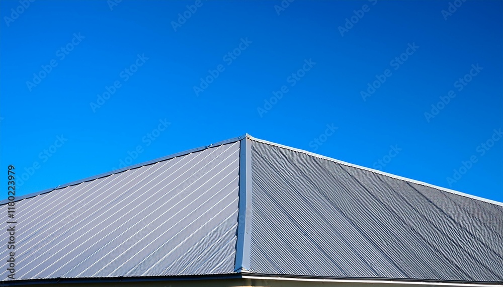 Modern metal roof against a vibrant blue sky. Clean lines and geometric design.