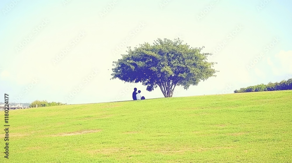 People resting under tree on grassy hill. People resting under tree on grassy hill.