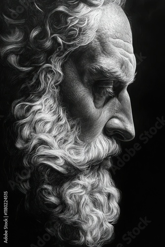 Detailed black and white portrait of an elderly man with a beard