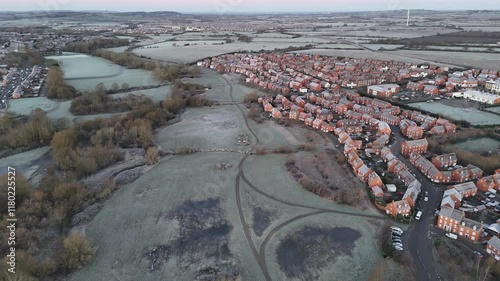 Aerial footage of the Buckingham Park residential neighborhood at sunrise in Aylesbury, England, UK photo