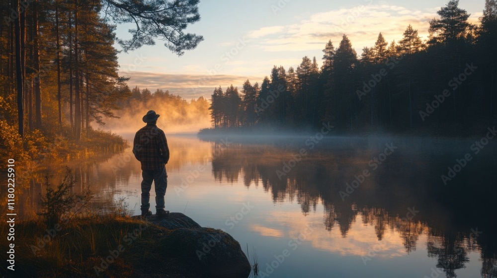 Fototapeta premium A fisherman enjoys a misty morning.