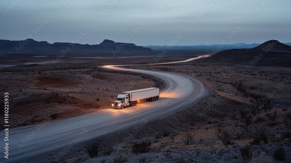 Fototapeta premium A lone truck navigates a winding road through an expansive desert landscape, its headlights cutting through the early twilight as mountains loom in the distance.