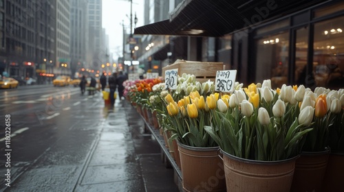 Fototapeta Naklejka Na Ścianę i Meble -  A colorful display of tulips brightens a rainy city street, where fresh blooms and soft raindrops create a charming scene of urban nature.