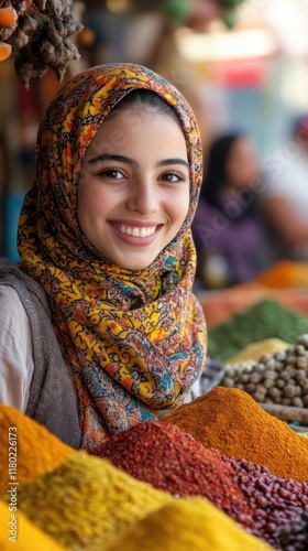 A smiling young woman selling spices.