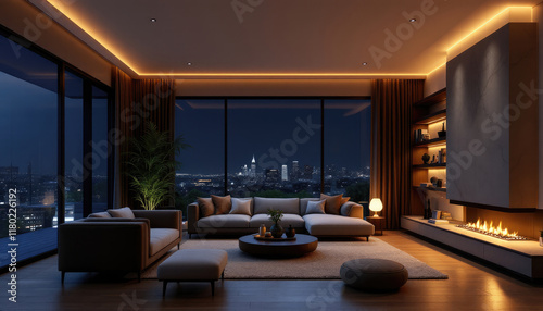 Cozy modern living room night with a large window offering a view of a city skyline at night.