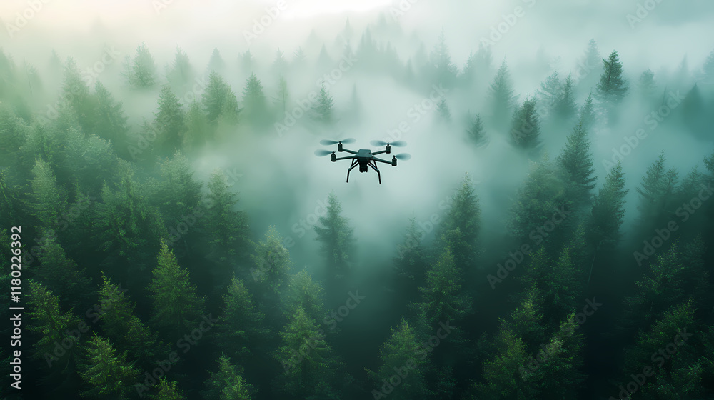 Fototapeta premium Drone flying over forest to capture aerial footage. generative ai. Ivorylight. Illustration