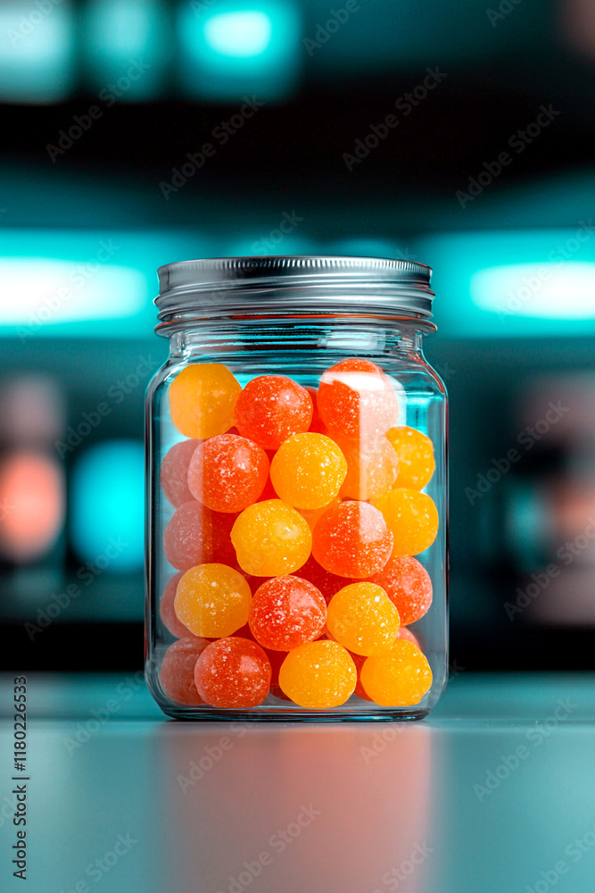 Vibrant candy jar filled with colorful sugar-coated gumdrops on blue background Vibrant candy jar filled with colorful sugar-coated gumdrops on blue background