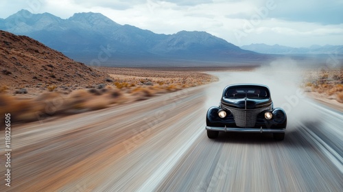 A vintage car races towards the camera on a wide desert highway, kicking up a cloud of dust.