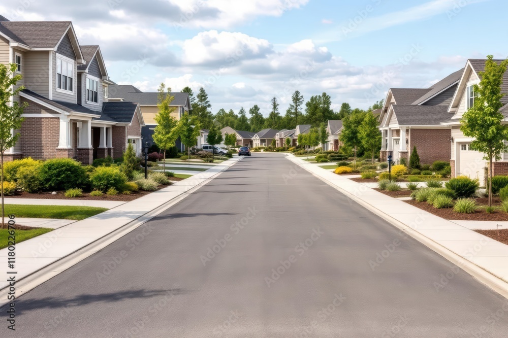 Street view of new construction neighborhood with larger landscaped homes and houses with yards and sidewalks taken with copy space Street view of new construction neighborhood with larger landscaped homes and houses with yards and sidewalks taken with copy space