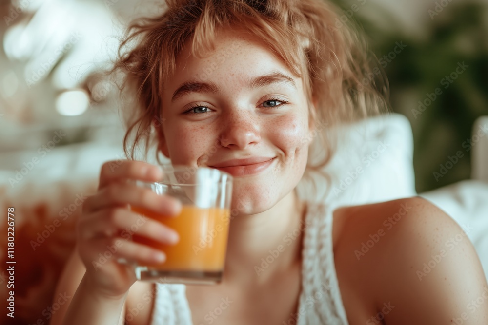A smiling young woman with freckles and messy hair holds a glass of orange juice, sitting in a cozy and relaxed home environment, radiating natural beauty and warmth. A smiling young woman with freckles and messy hair holds a glass of orange juice, sitting in a cozy and relaxed home environment, radiating natural beauty and warmth.