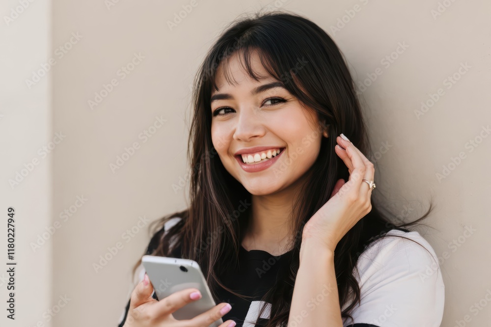 Smiling woman with hand on chin standing in front of wall Smiling woman with hand on chin standing in front of wall