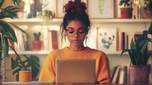 A focused woman writes in a coffee shop.