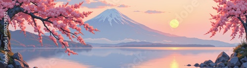 Mount Fuji with cherry blossoms and a serene lake during sunset. Scenic Japanese landscape with pink and blue tones reflecting in the water. Concept of springtime, nature, and cultural heritage.