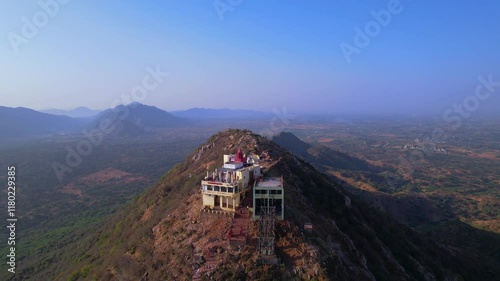 Aerial View of Savitri Mata Mandir or Savitri Temple located in Ratnagiri hill in Pushkar, Rajasthan, Drone view