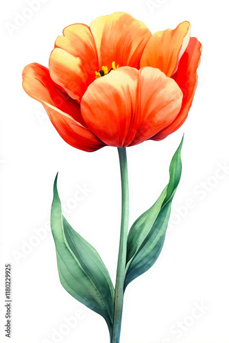A single orange tulip with green leaves on a white background