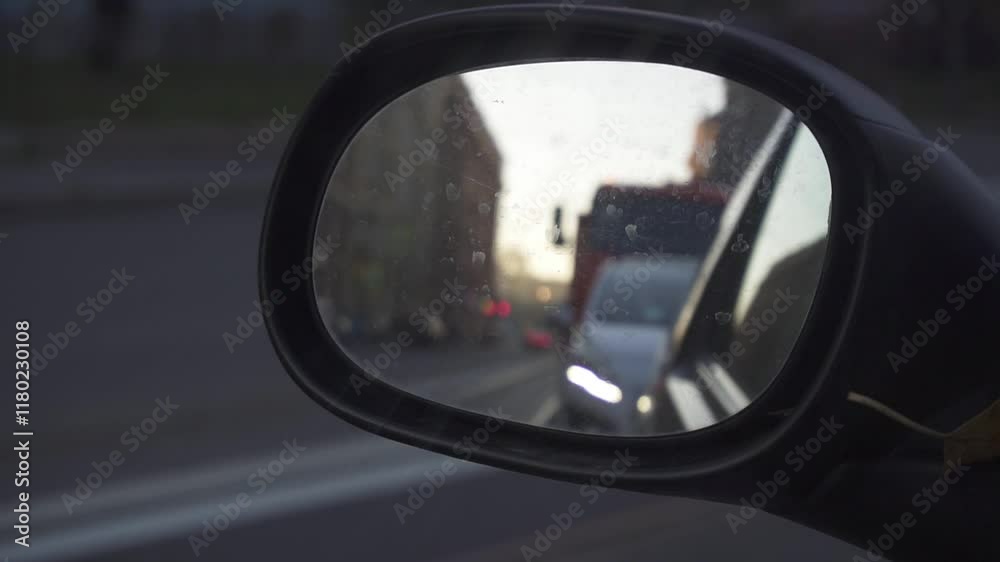 Reflection of the city in the outside rear view mirror of a car Reflection of the city in the outside rear view mirror of a car