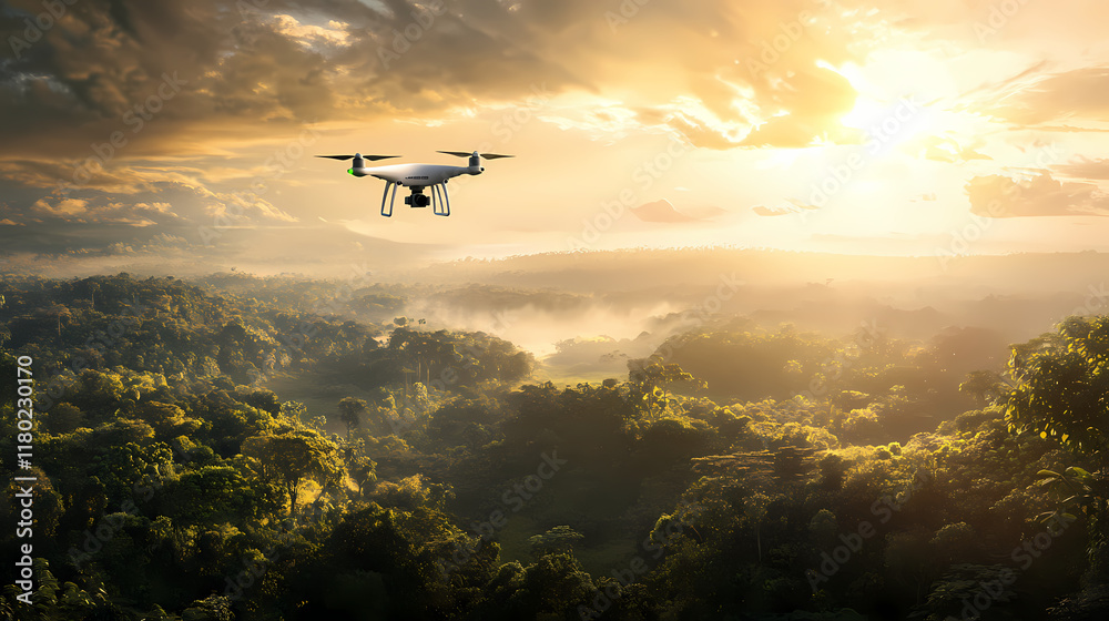 Fototapeta premium Ai-powered drone for environmental conservation with aerial mapping, compact and agile, flying over a national park, under bright sunlight. Ivorylight. Illustration