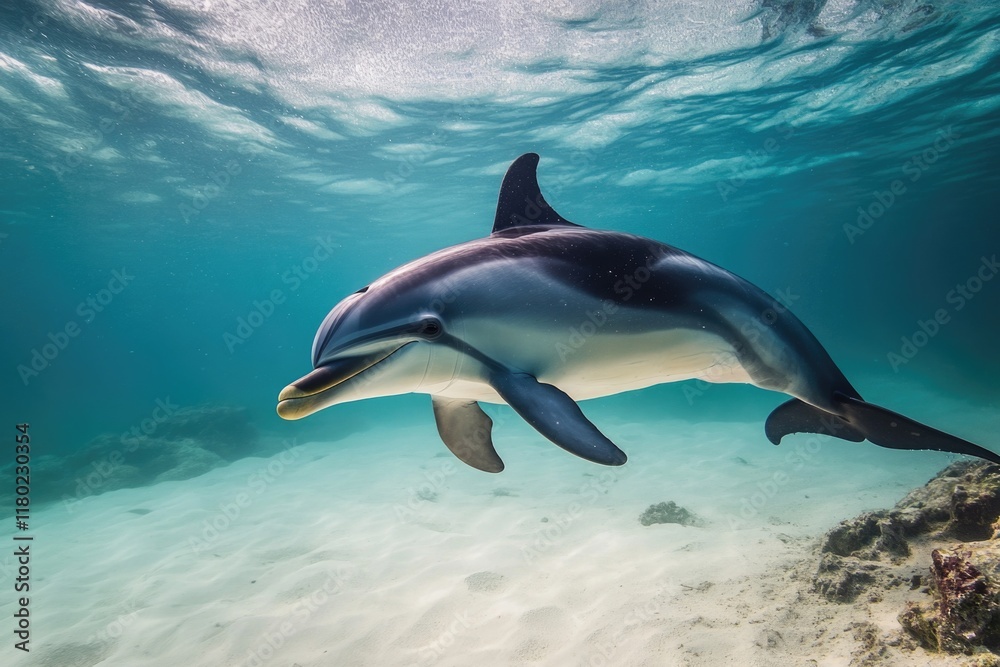 Obraz premium A dolphin swims in the ocean with its mouth open, showcasing its natural behavior