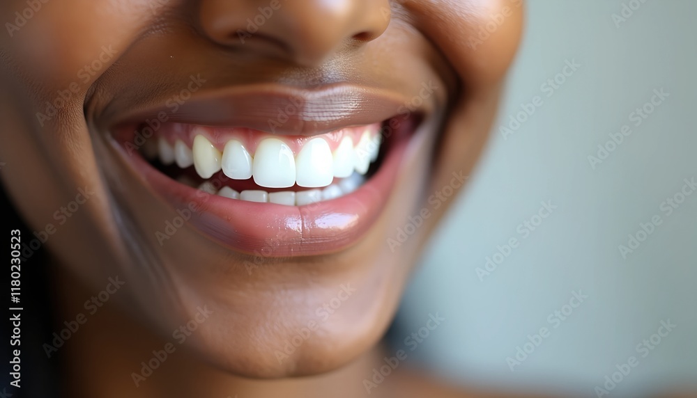 Obraz premium Close-up of a person's bright, healthy smile. A radiant expression showcasing beautifully aligned teeth and healthy gums. Perfect for dental, health, and beauty contexts.