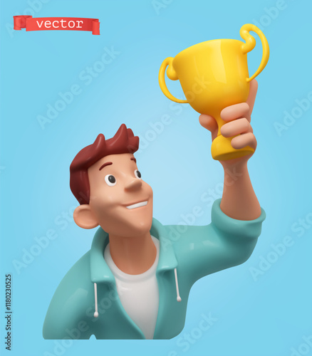 Young man holding a cup. 3d render vector cartoon icon