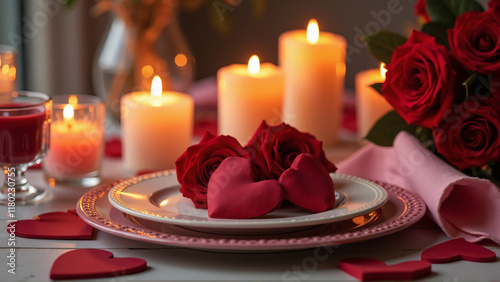 Romantic table setting with red roses, heart decorations, candles, and elegant plates, perfect for Valentine's Day, anniversaries, or a romantic dinner atmosphere.