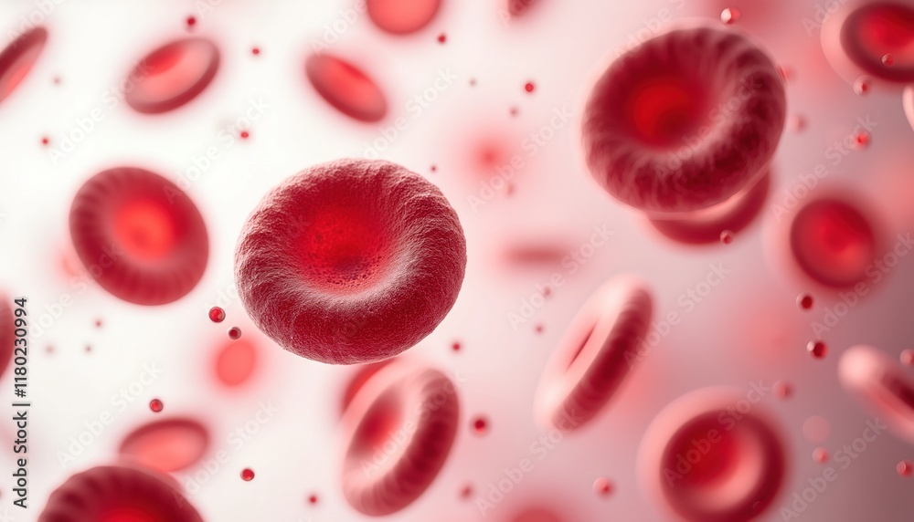 Fototapeta premium Microscopic view of red blood cells flowing through a vessel. Intricate details of these vital cells are highlighted in this close-up image, showcasing their unique shape and texture.