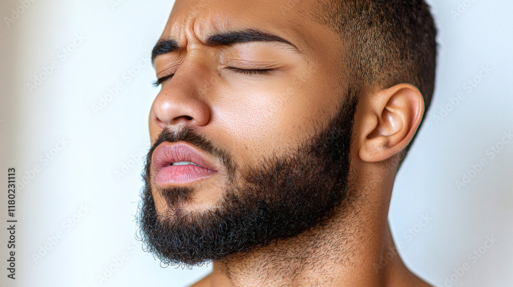 Obraz premium Man's Intense Gaze: A close-up portrait of a young man with a beard, eyes closed, conveying a sense of deep thought, contemplation, or perhaps even pain.