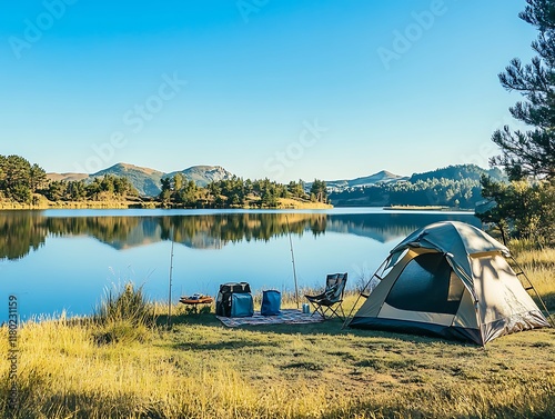 outdoor adventure camping tent with lake view