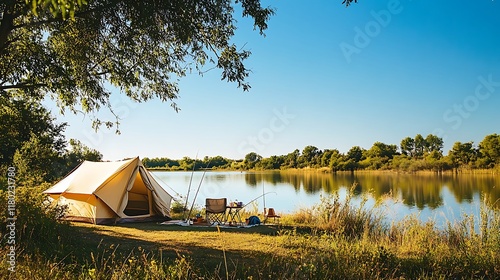 outdoor adventure with lake view and camping tent photo