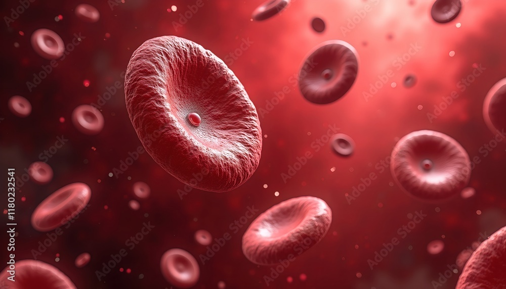 Fototapeta premium Microscopic view of red blood cells flowing through a vessel. The image showcases the detailed texture and shape of these essential components of the circulatory system.
