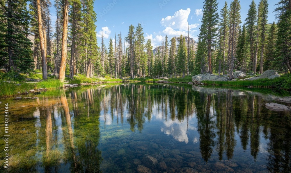 A tranquil scene at a forest lake with clear reflections and trees around it, inviting for nature lovers and outdoor enthusiasts. A tranquil scene at a forest lake with clear reflections and trees around it, inviting for nature lovers and outdoor enthusiasts.