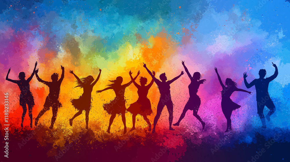 Naklejka premium group of people playing holi dance. vector illustration
