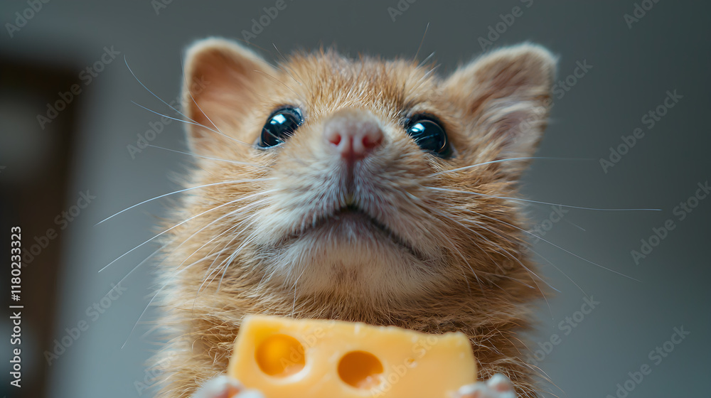 Fototapeta premium A small orange cat is holding a piece of cheese in its mouth