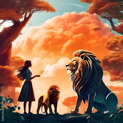 A beautiful girl with the child of lion in the forest.