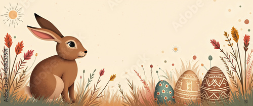 Free-spirited Easter artwork with a brown bunny, pampas grass, wildflowers, and tribal-inspired eggs in muted pastel shades, set against a warm cream background with organic textures.