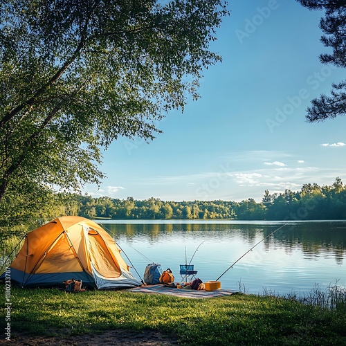 camping tent, fishing gear, and scenic view photo