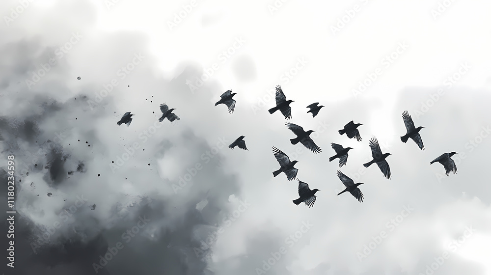 Fototapeta premium A group of birds soaring together in the sky, with cloudy gray skies serving as their backdrop. the birds move swiftly as they travel in unison through the clouds. Ivorylight. Illustration