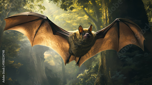 A majestic bat gracefully flying through a softly illuminated forest, capturing the essence of wildlife in motion. Ivorylight. Illustration photo