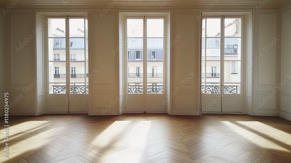 Obraz premium A large room with three French doors and herringbone wood floors