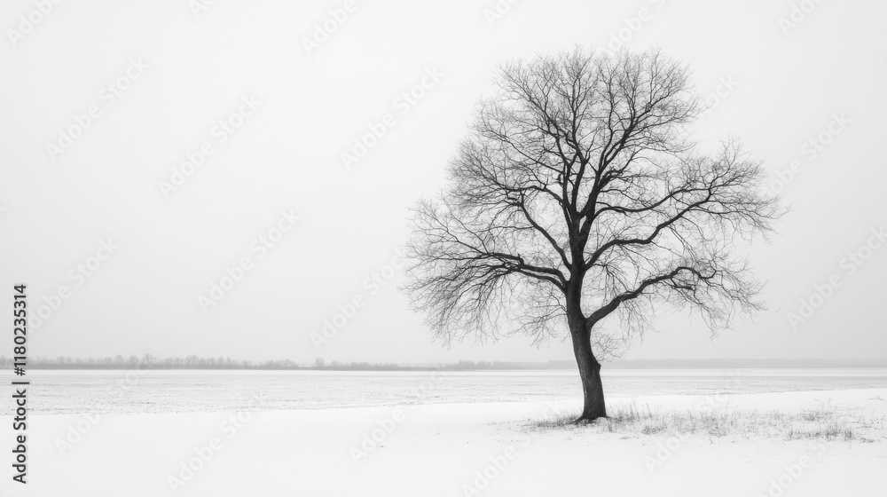 Fototapeta premium Lone tree in snowy field, monochrome winter landscape.