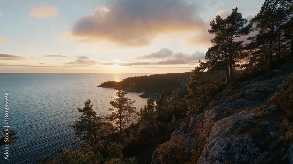 A serene coastal scene unfolds at sunset with the golden sun casting light over a tranquil sea and rugged cliffs, surrounded by lush forest. A serene coastal scene unfolds at sunset with the golden sun casting light over a tranquil sea and rugged cliffs, surrounded by lush forest.