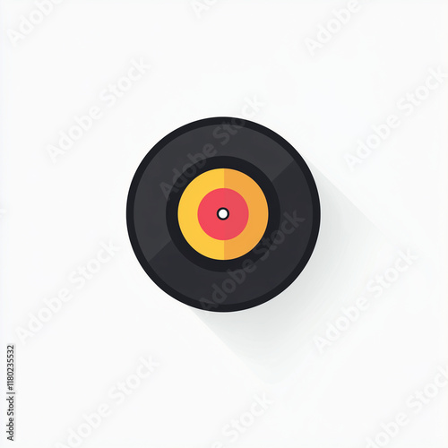 A circular vinyl record features a vibrant yellow and red center against a black border, evoking feelings of nostalgia and classic music appreciation in a clean and modern style